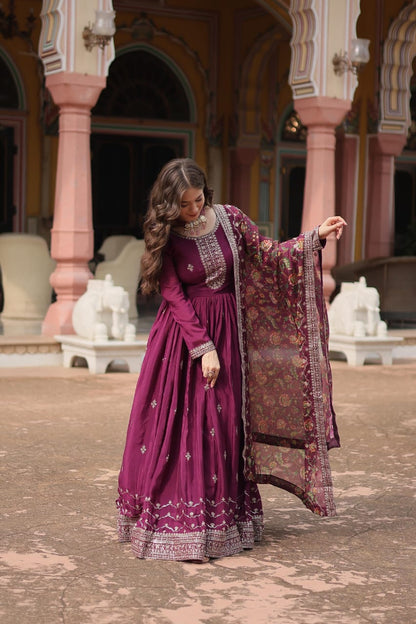 Sequinned Anarkali Gown Set with Kalamkari Dupatta – Available in Red, Purple & Wine ✨