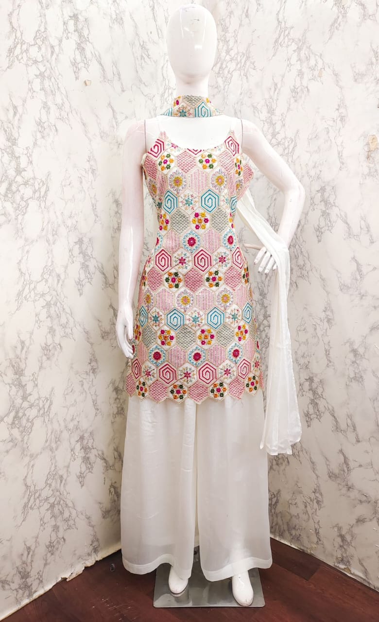 The Multicolour Magic – Embroidered Palazzo Set ✨ Colours: Pink | Yellow | White | Blue