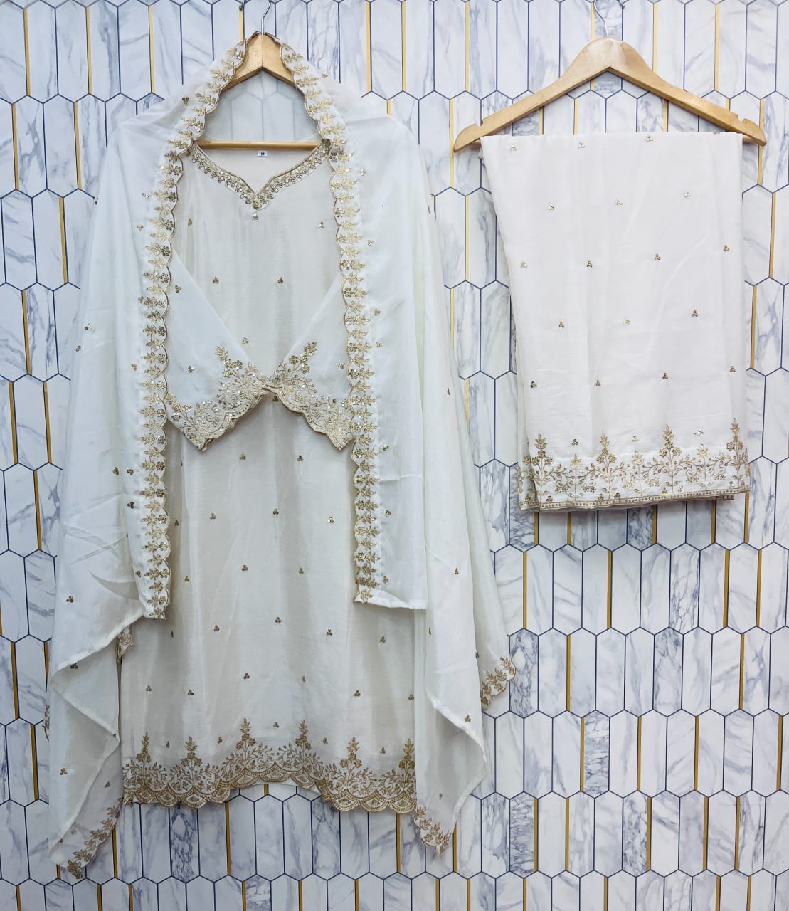 White Chinon Silk Embroidered Sequins Palazzo Set with Dupatta – Festival Collection ✨