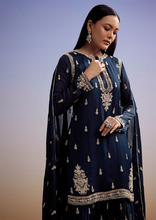 Blue Zahra Embellished Sharara Set | Eid & Wedding Edit