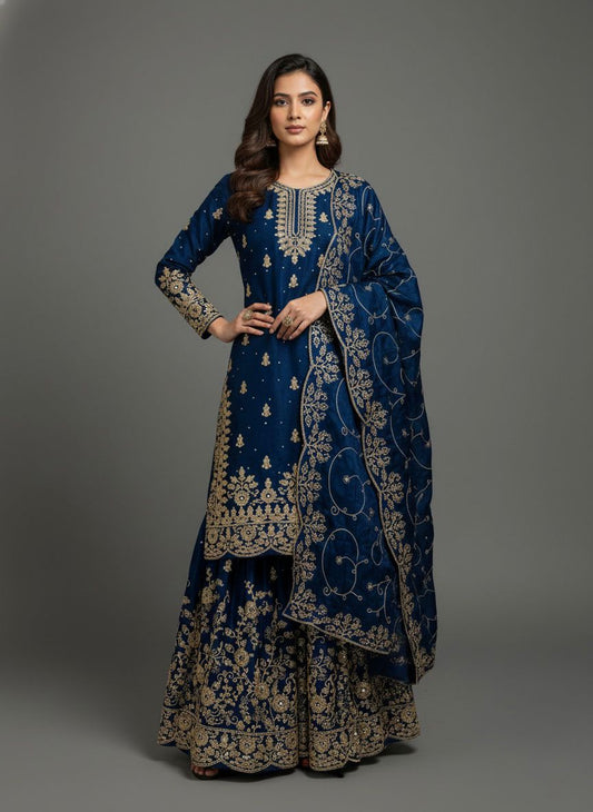 Blue Designer Embroidered Silk Top & Palazzo Set | Ready-to-Wear