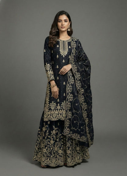 Black Designer Embroidered Silk Top & Palazzo Set | Ready-to-Wear