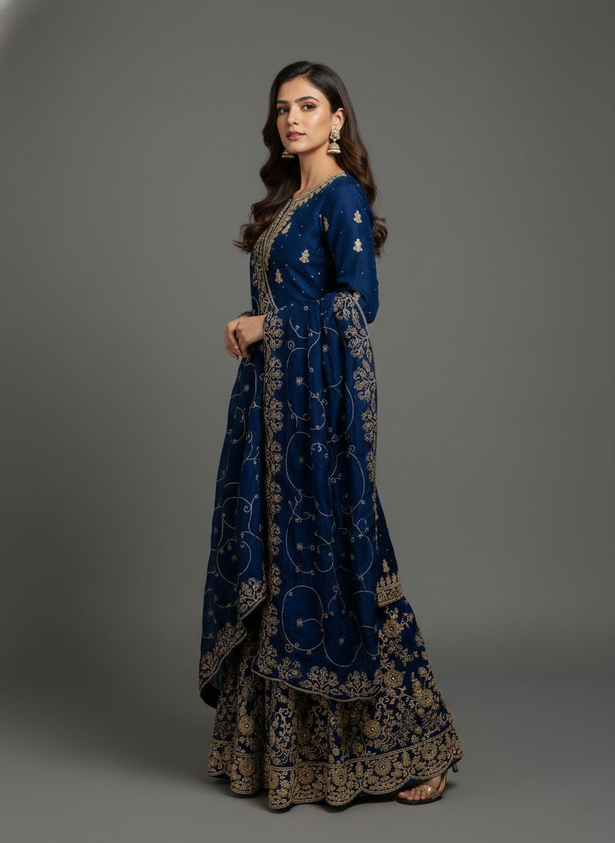Blue Designer Embroidered Silk Top & Palazzo Set | Ready-to-Wear