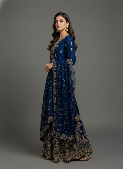 Blue Designer Embroidered Silk Top & Palazzo Set | Ready-to-Wear