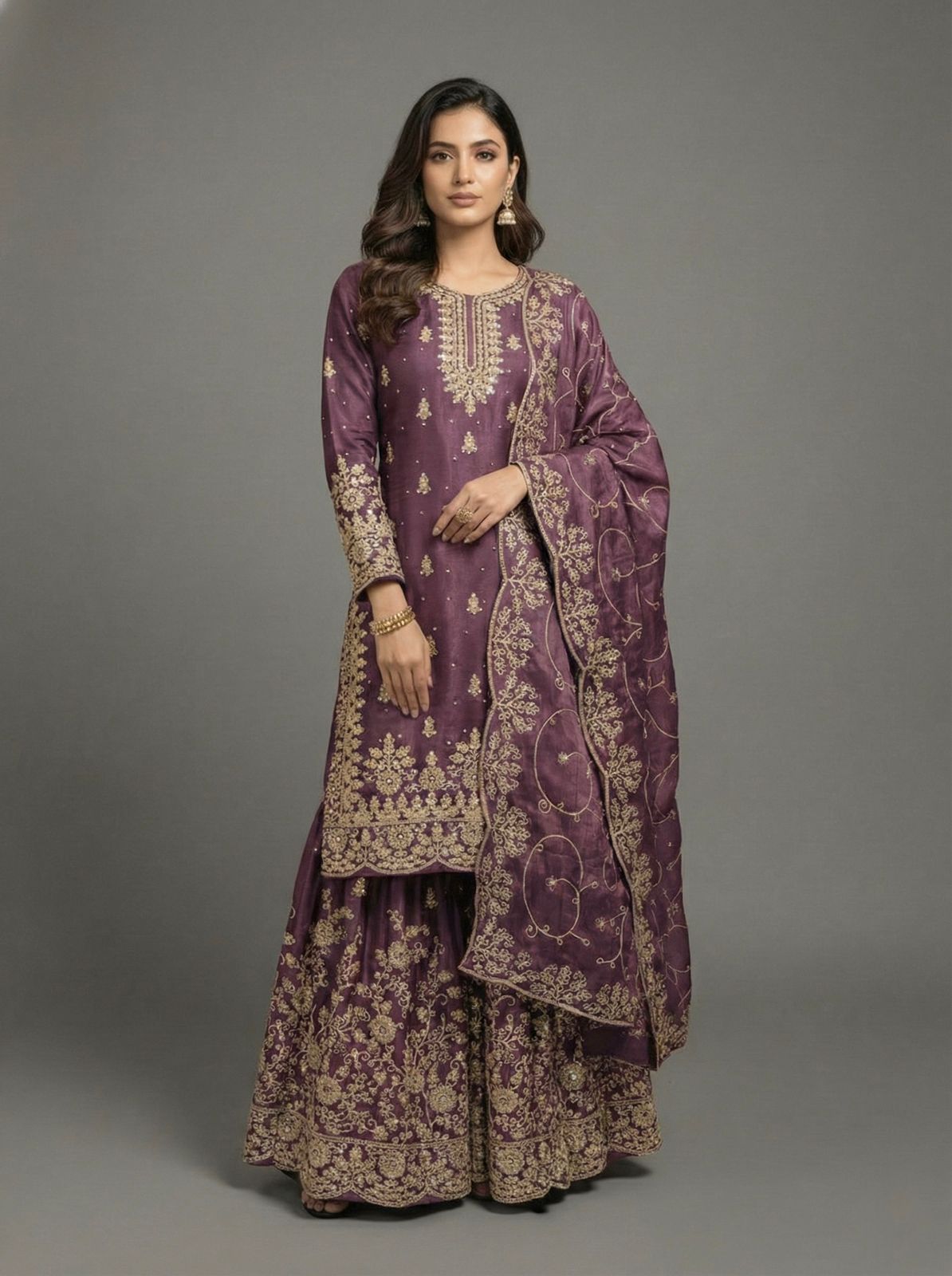 Mauve Designer Embroidered Silk Top & Palazzo Set | Ready-to-Wear