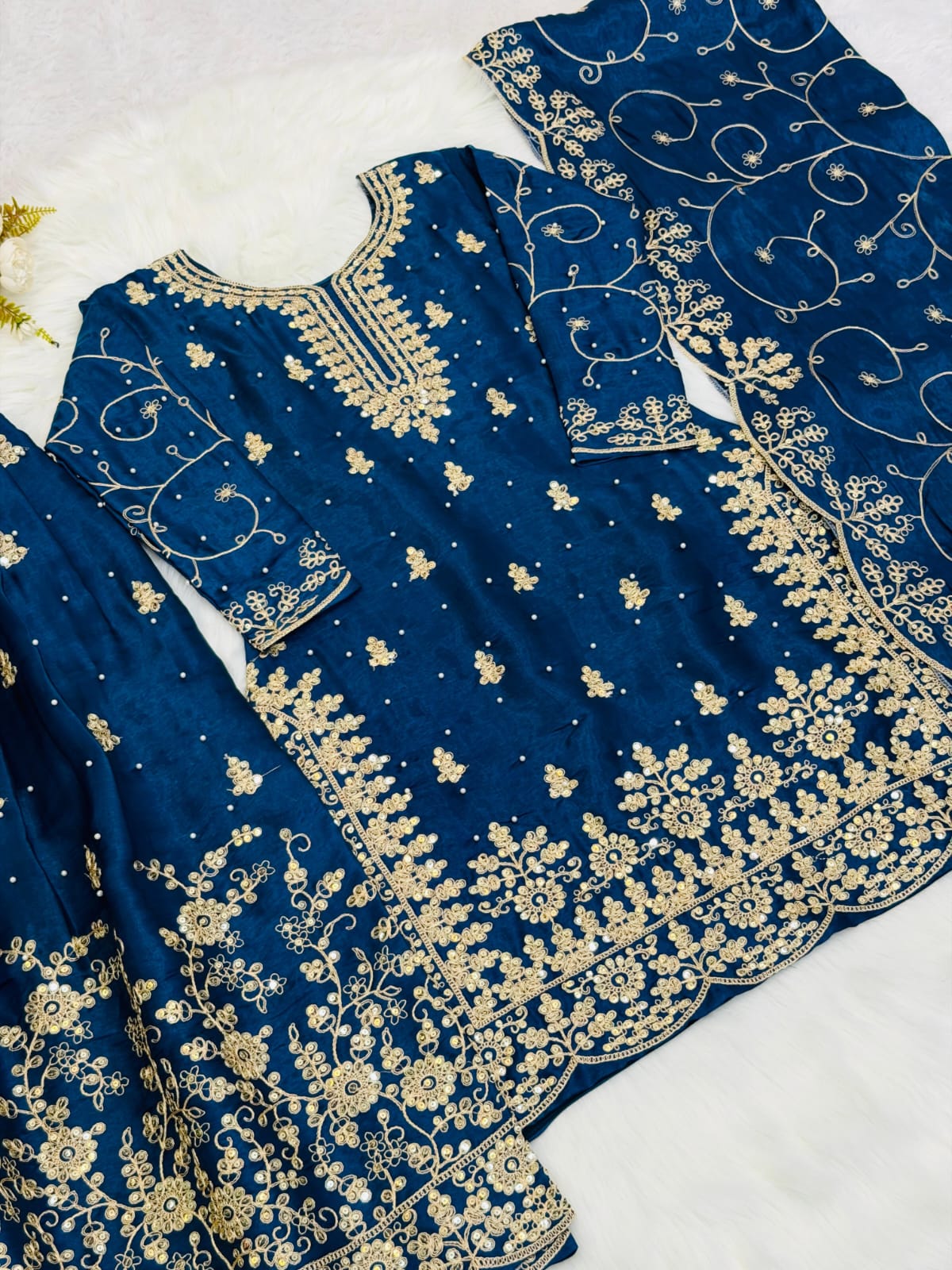 Blue Designer Embroidered Silk Top & Palazzo Set | Ready-to-Wear
