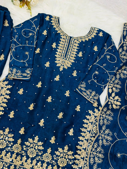 Blue Designer Embroidered Silk Top & Palazzo Set | Ready-to-Wear