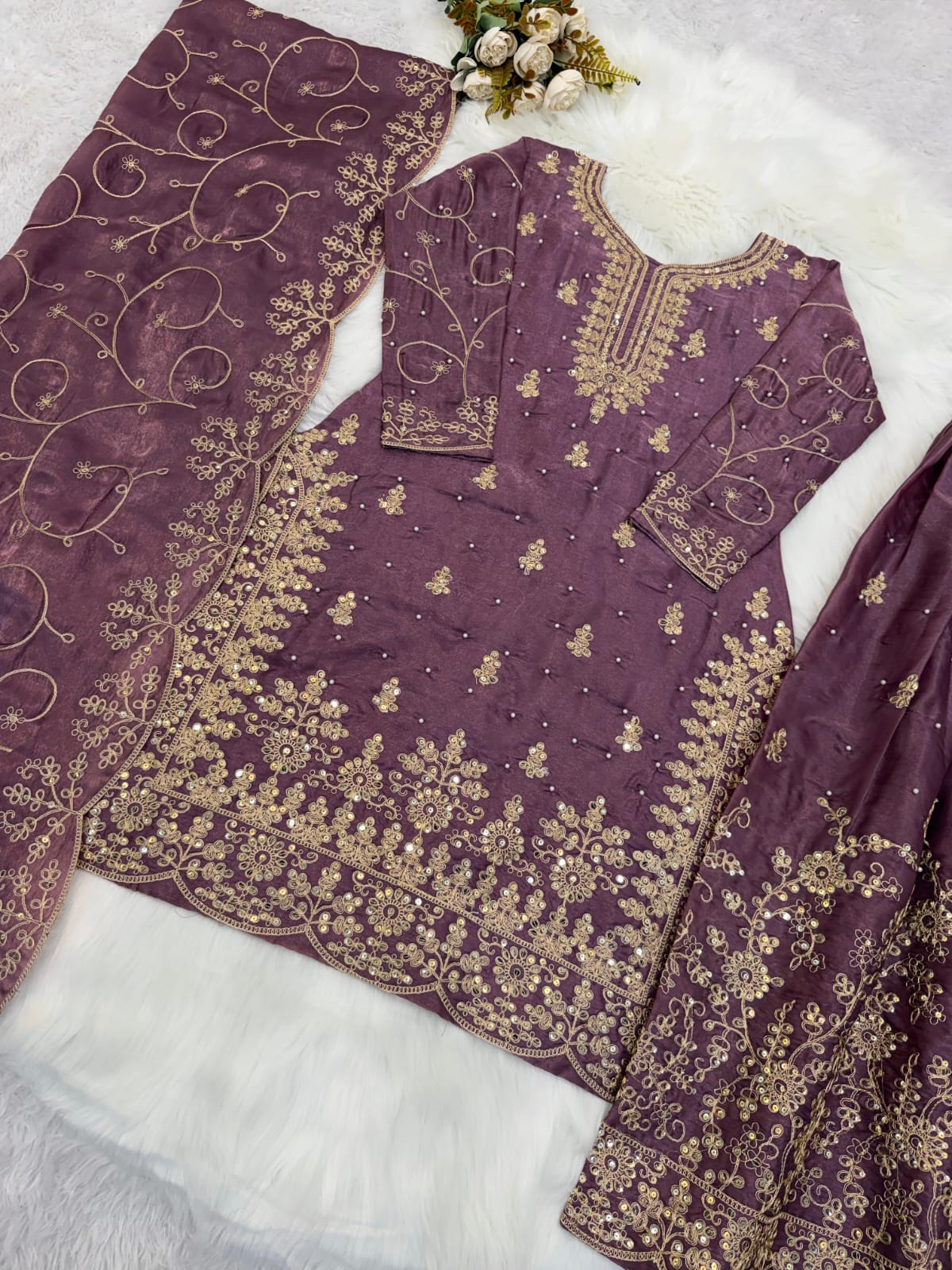 Mauve Designer Embroidered Silk Top & Palazzo Set | Ready-to-Wear