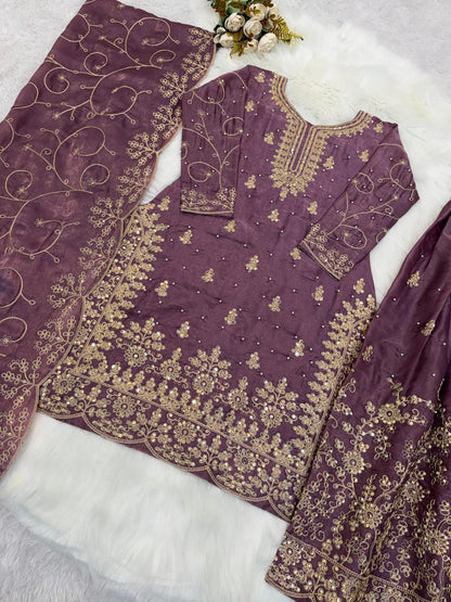 Mauve Designer Embroidered Silk Top & Palazzo Set | Ready-to-Wear