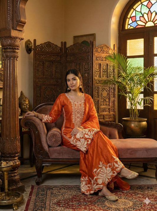 Orange Designer Embroidered Top & Sharara Set | Ready-to-Wear
