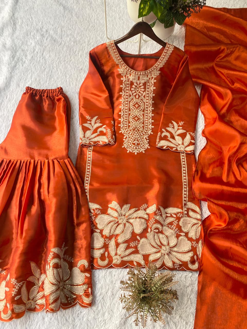 Orange Designer Embroidered Top & Sharara Set | Ready-to-Wear