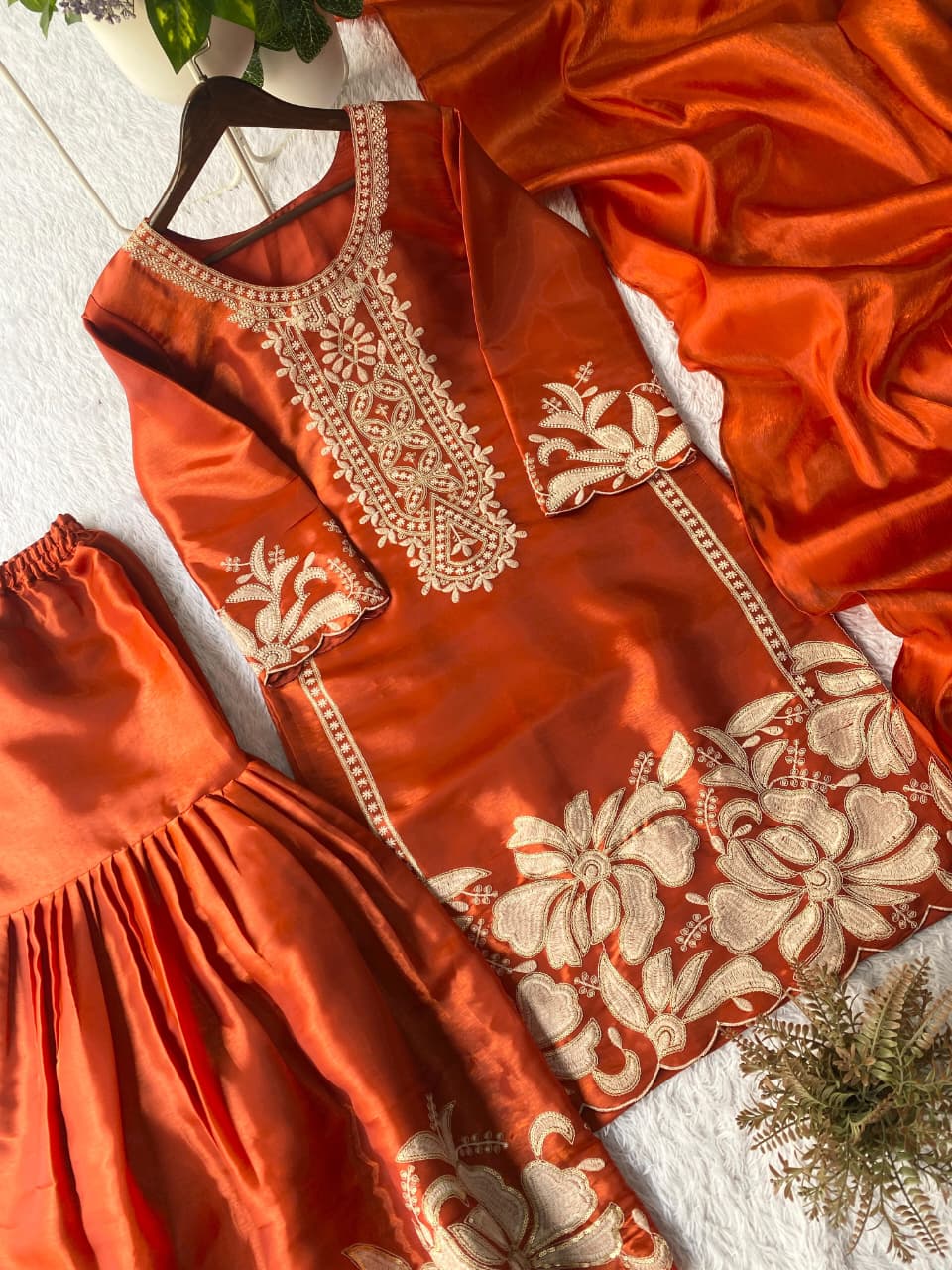 Orange Designer Embroidered Top & Sharara Set | Ready-to-Wear