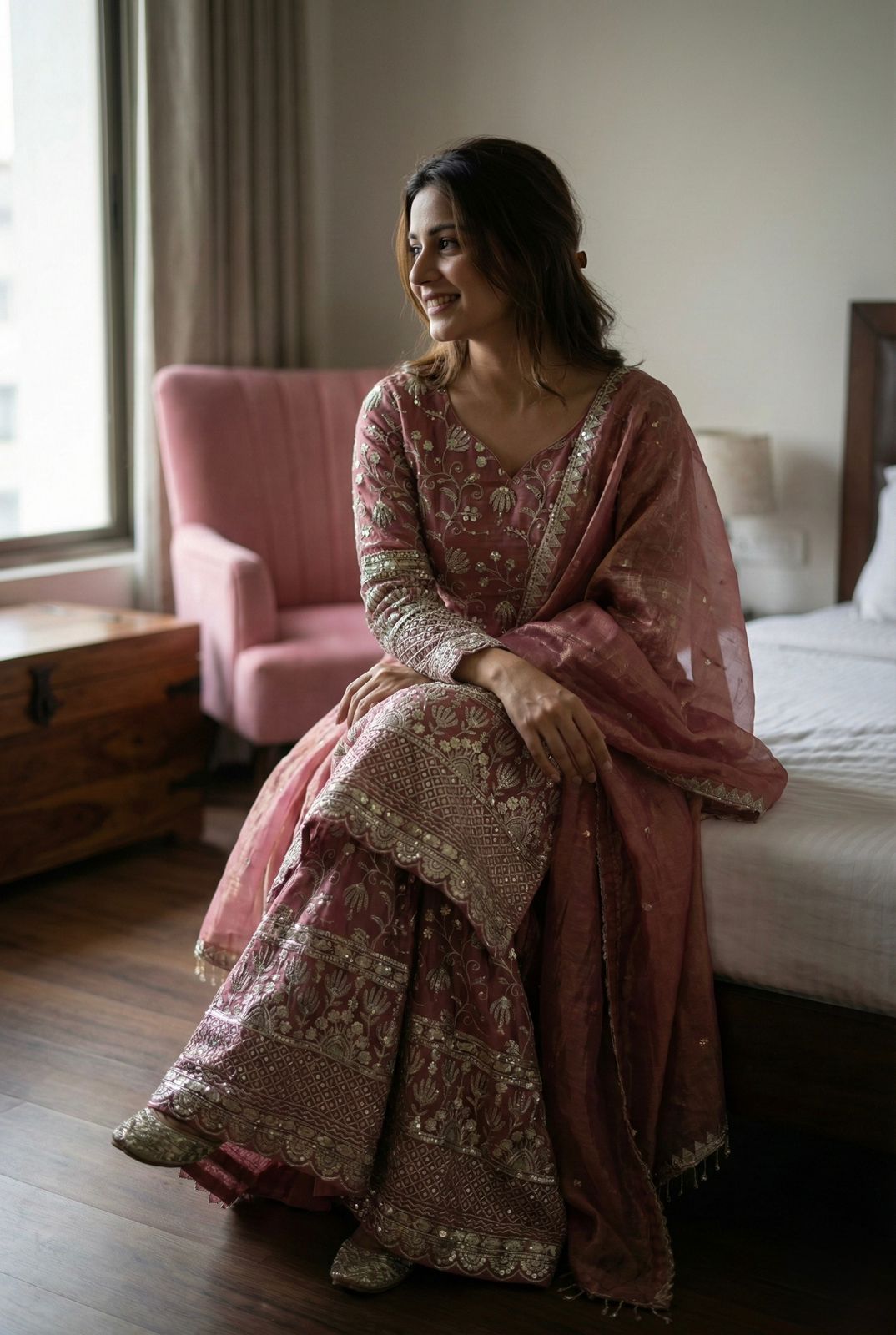 Pink  Designer Embroidered Silk Top & Sharara Set | Ready-to-Wear