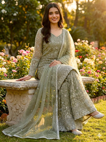Green Designer Embroidered Silk Top & Sharara Set | Ready-to-Wear