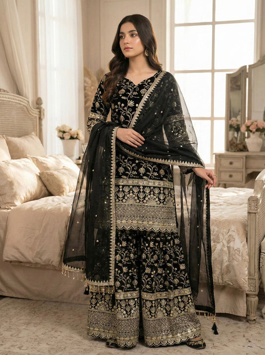Black Designer Embroidered Silk Top & Sharara Set | Ready-to-Wear