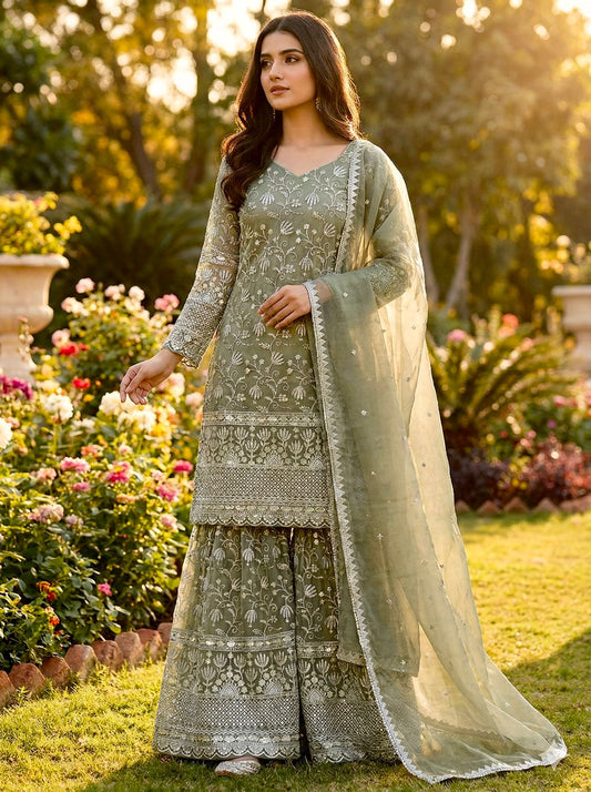 Green Designer Embroidered Silk Top & Sharara Set | Ready-to-Wear