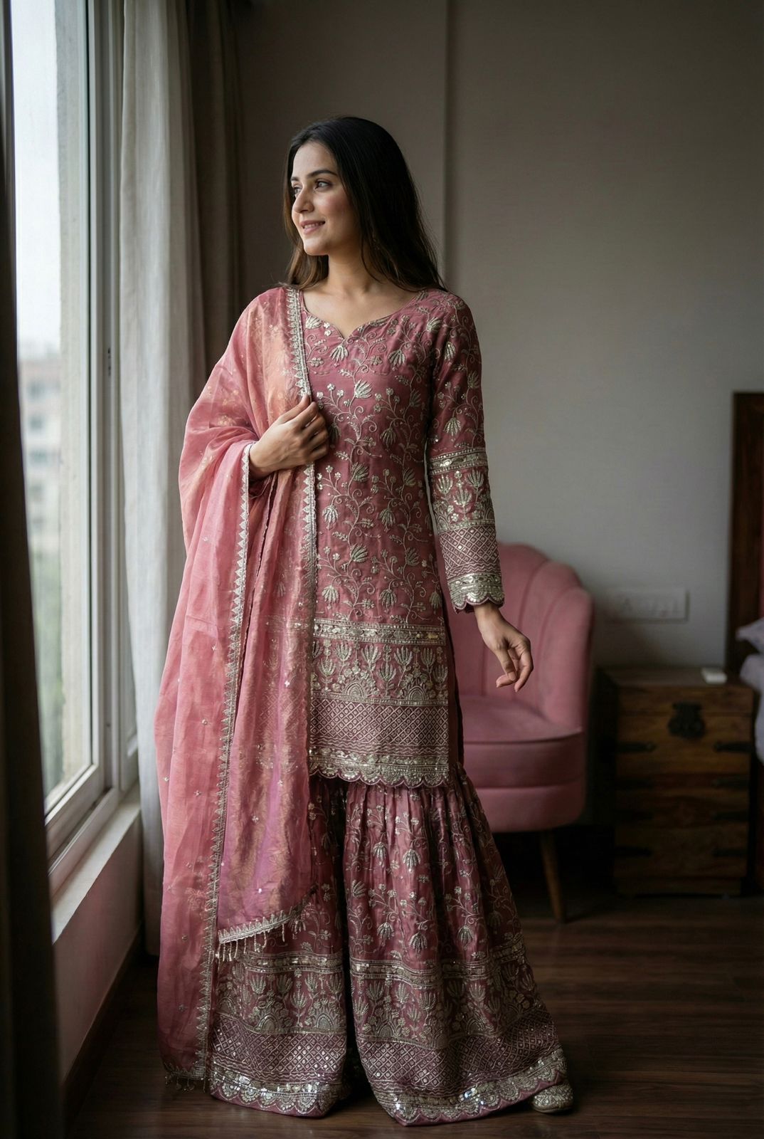 Pink  Designer Embroidered Silk Top & Sharara Set | Ready-to-Wear