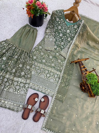 Green Designer Embroidered Silk Top & Sharara Set | Ready-to-Wear