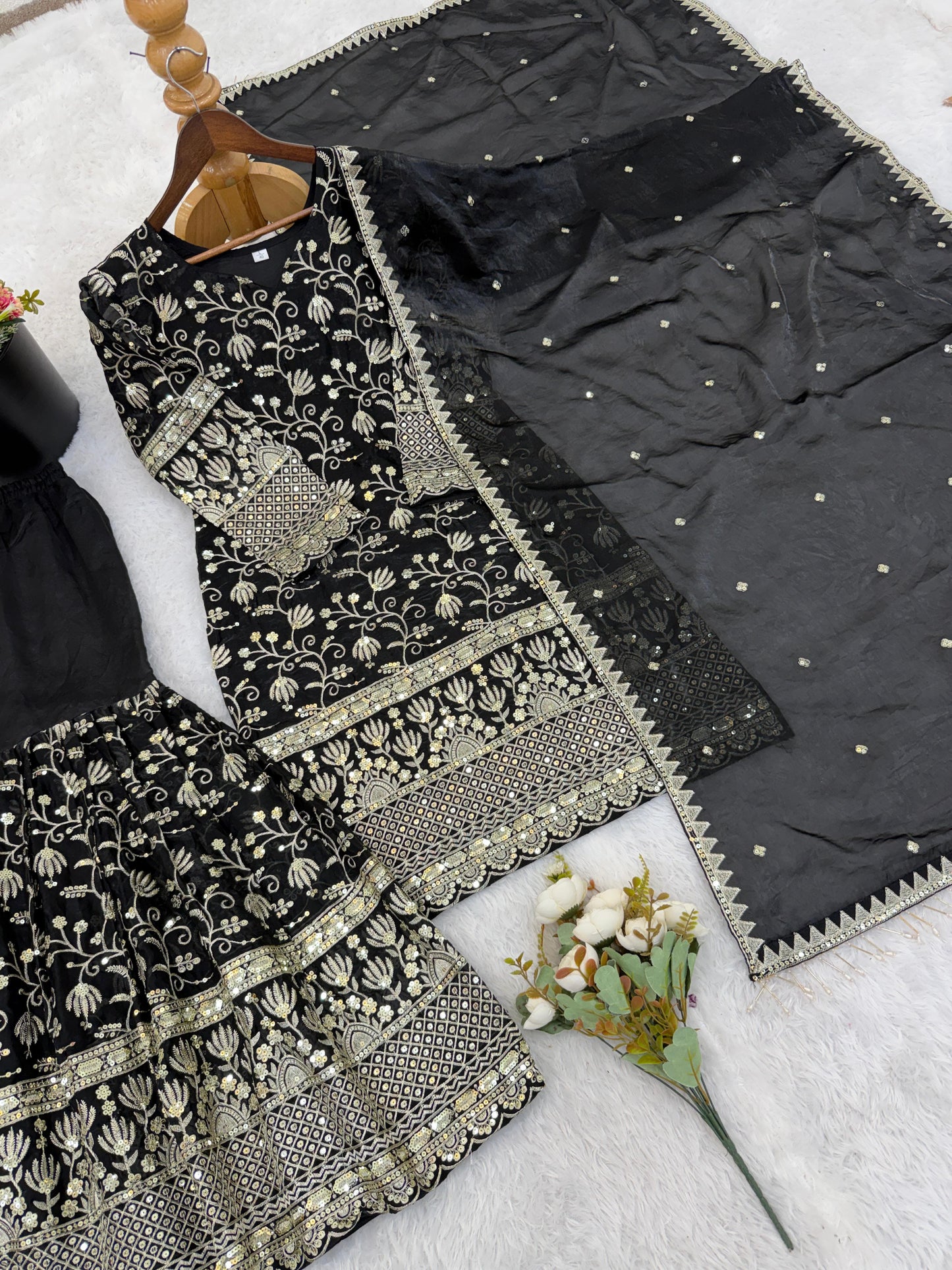 Black Designer Embroidered Silk Top & Sharara Set | Ready-to-Wear