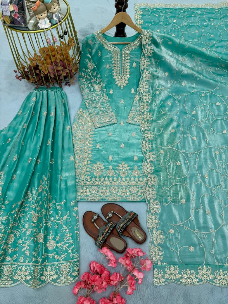 Blue Embroidered Silk Top & Palazzo Set