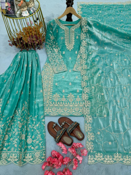 Blue Embroidered Silk Top & Palazzo Set