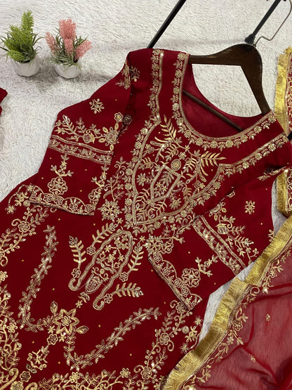 Red Embroidered Georgette Punjabi Set with Palazzo & Dupatta | Festive Occasion Wear