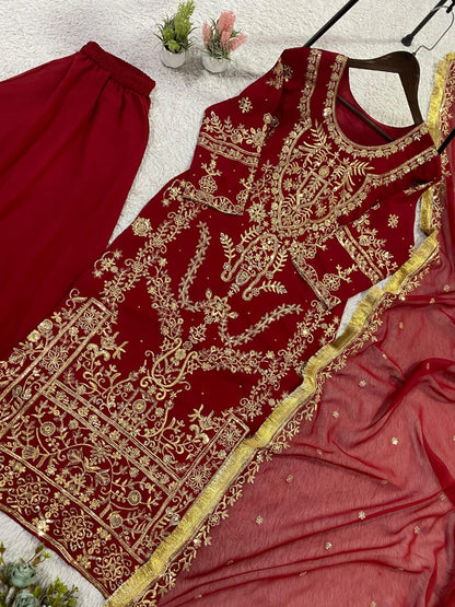 Red Embroidered Georgette Punjabi Set with Palazzo & Dupatta | Festive Occasion Wear