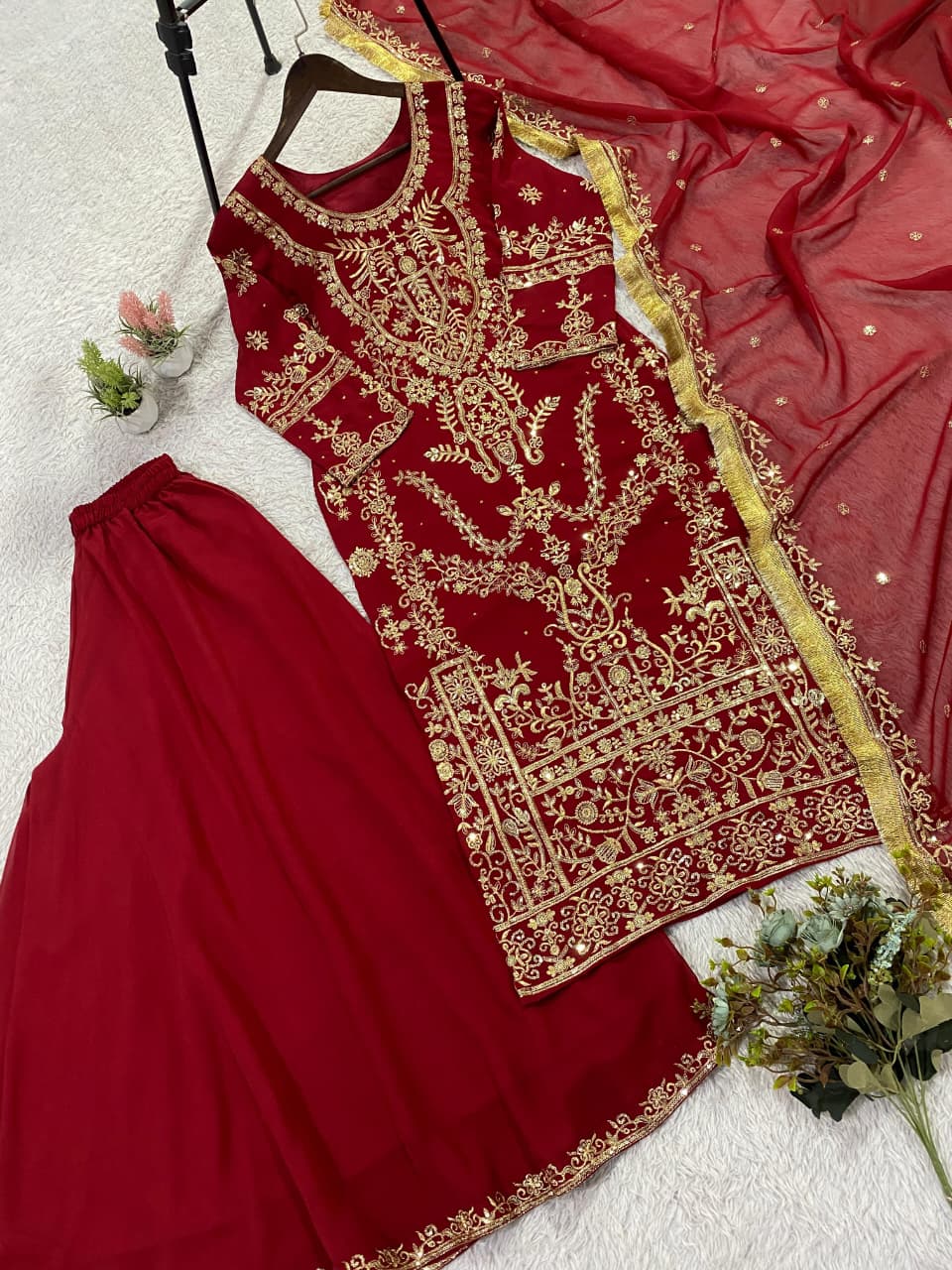 Red Embroidered Georgette Punjabi Set with Palazzo & Dupatta | Festive Occasion Wear