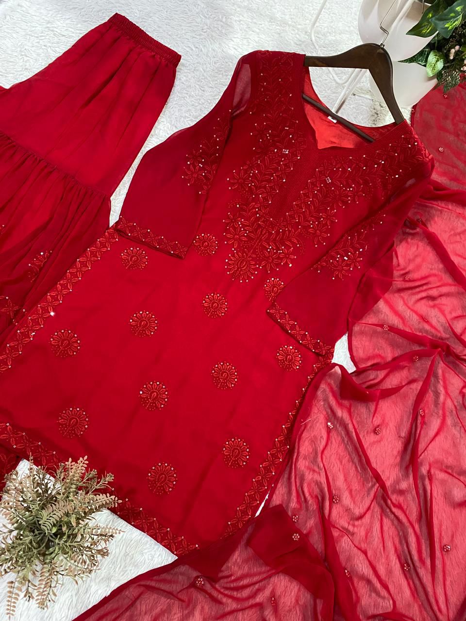 Red and Black Embroidered Georgette Top & Sharara Set with Dupatta | Occasion Wear