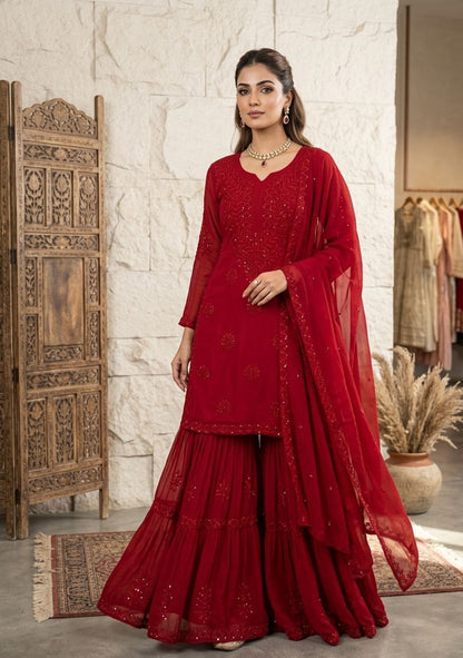 Red and Black Embroidered Georgette Top & Sharara Set with Dupatta | Occasion Wear