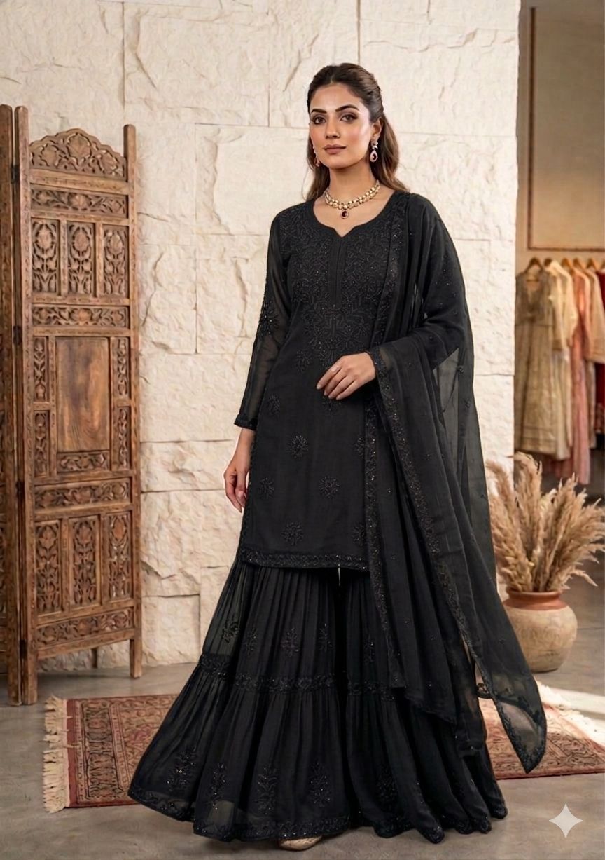Red and Black Embroidered Georgette Top & Sharara Set with Dupatta | Occasion Wear