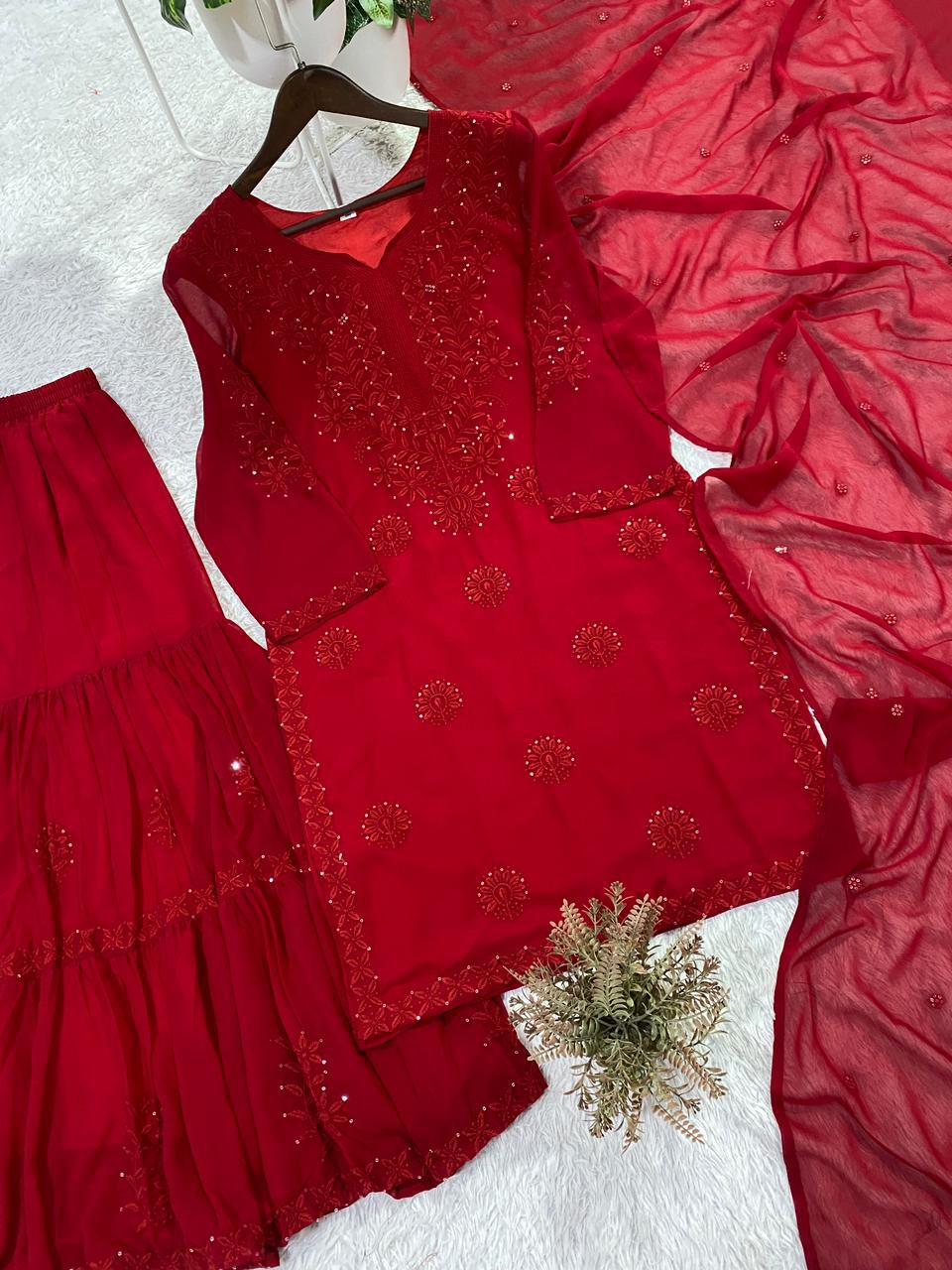 Red and Black Embroidered Georgette Top & Sharara Set with Dupatta | Occasion Wear