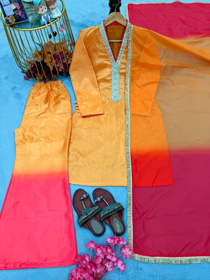 Embroidered Roman Glass Top & Palazzo Set with Organza Dupatta | Mirror Work Occasion Wear