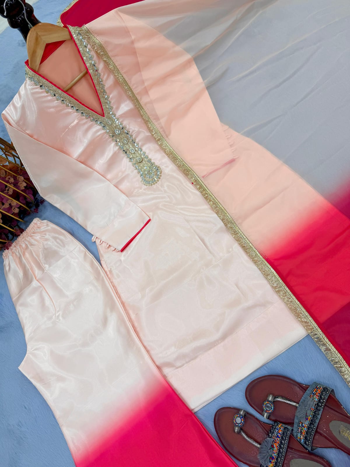 Embroidered Roman Glass Top & Palazzo Set with Organza Dupatta | Mirror Work Occasion Wear
