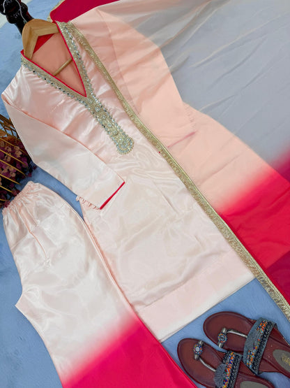 Embroidered Roman Glass Top & Palazzo Set with Organza Dupatta | Mirror Work Occasion Wear