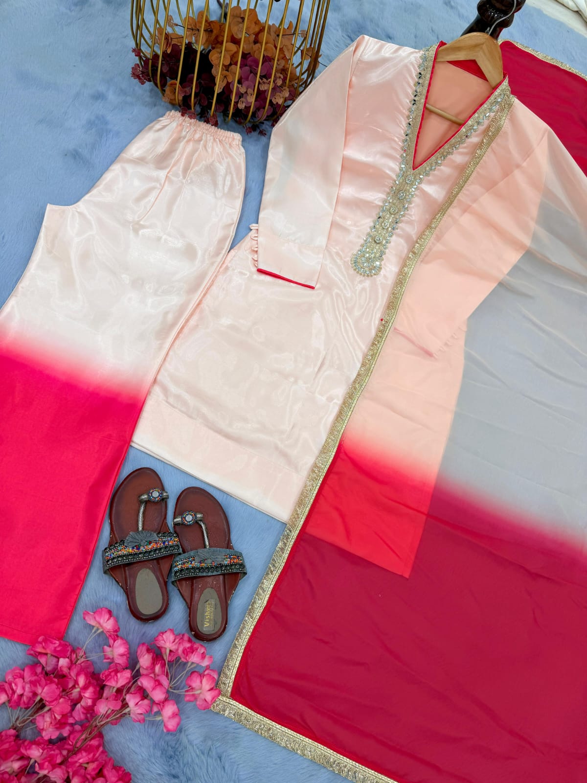 Embroidered Roman Glass Top & Palazzo Set with Organza Dupatta | Mirror Work Occasion Wear