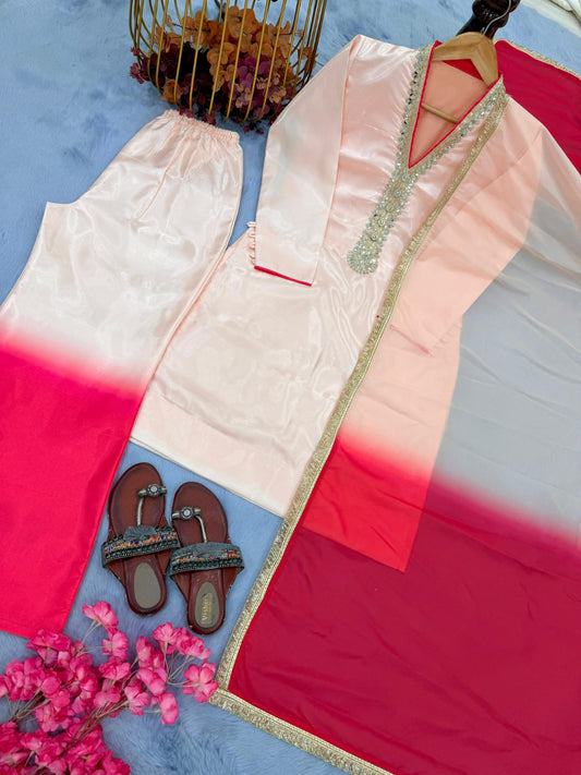 Embroidered Roman Glass Top & Palazzo Set with Organza Dupatta | Mirror Work Occasion Wear