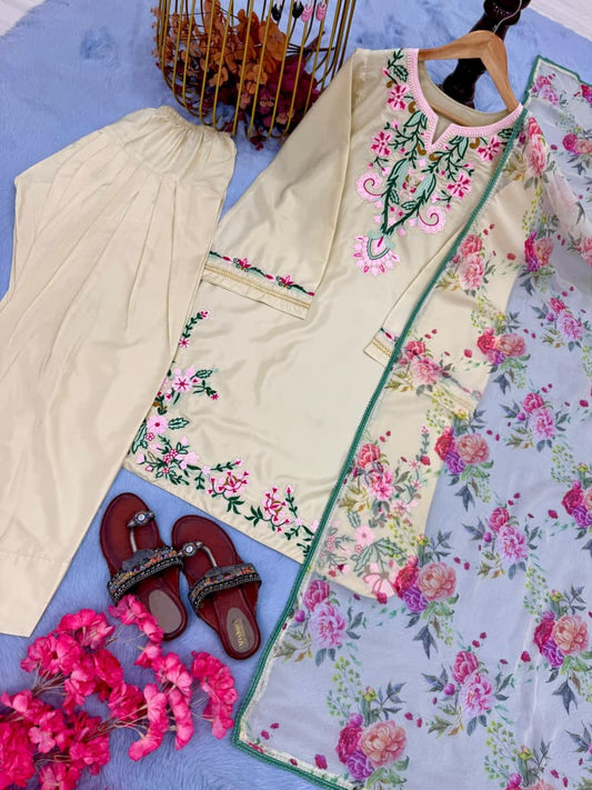 Embroidered Crepe Top & Farshi Palazzo Set with Dupatta | Elegant Occasion Wear