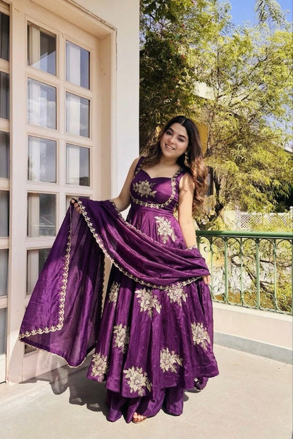 Purple Embroidered Gown & Sharara Set with Dupatta | Full Flair Occasion Wear