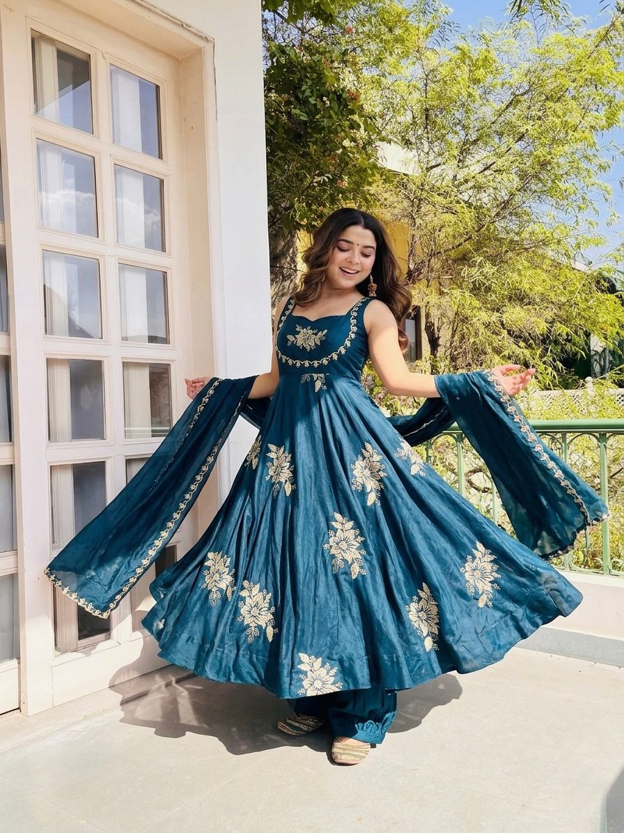 Embroidered Gown & Sharara Set with Dupatta | Full Flair Occasion Wear