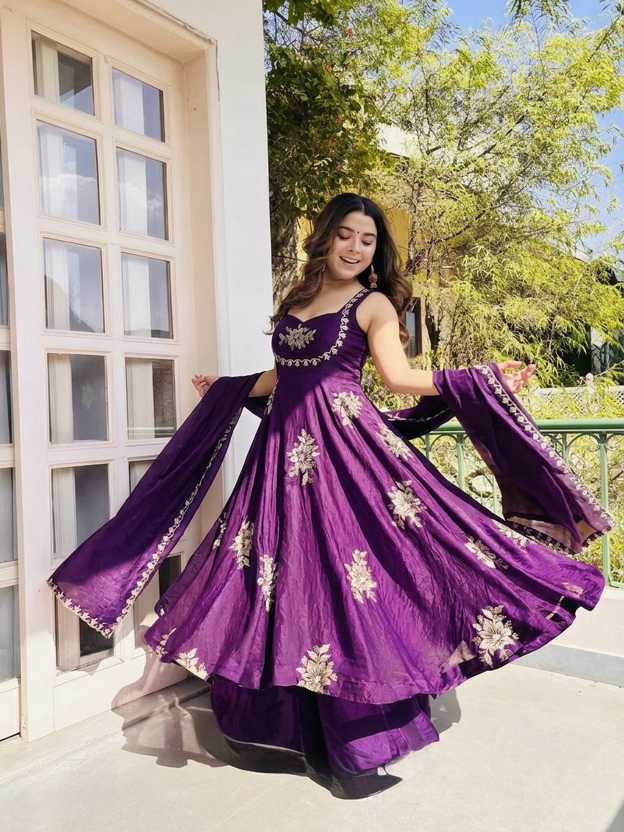 Purple Embroidered Gown & Sharara Set with Dupatta | Full Flair Occasion Wear