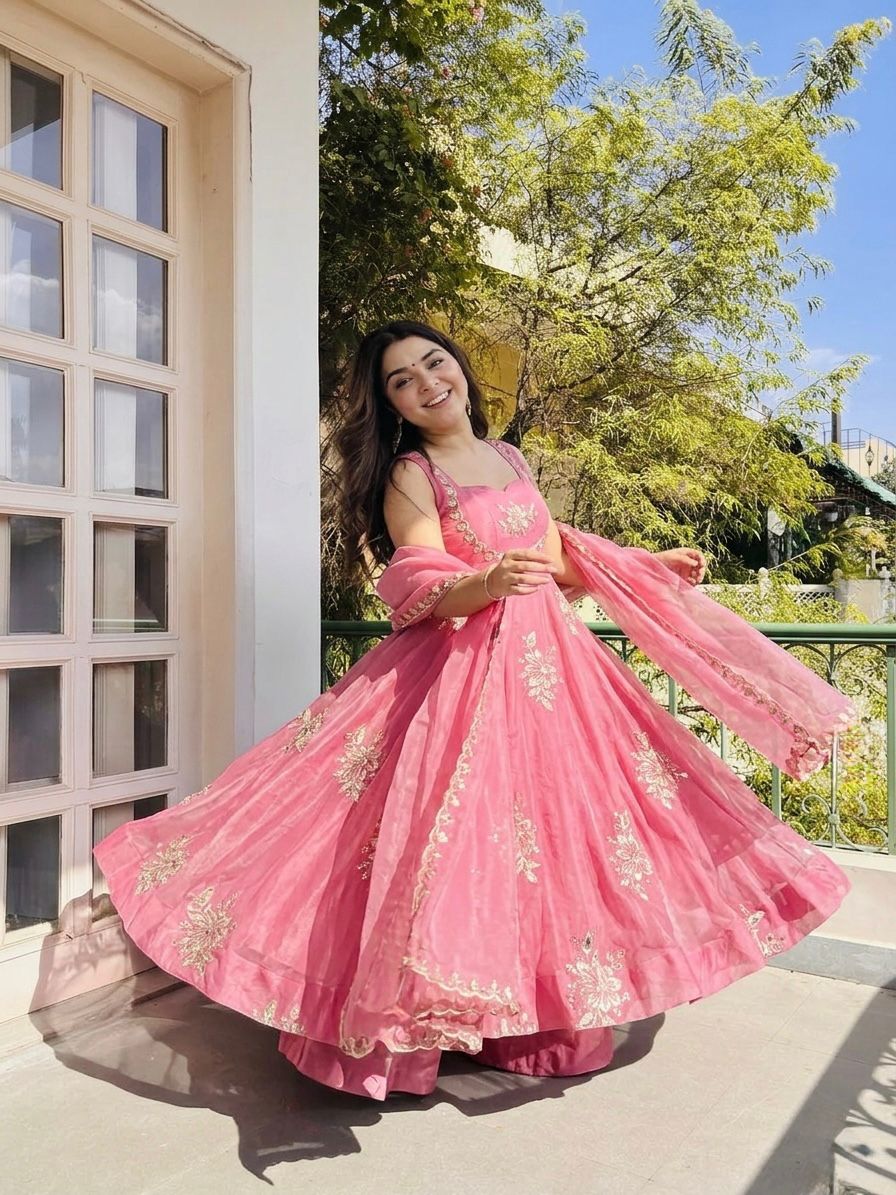 Pink Embroidered Gown & Sharara Set with Dupatta | Full Flair Occasion Wear