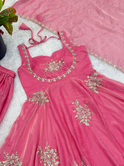 Pink Embroidered Gown & Sharara Set with Dupatta | Full Flair Occasion Wear