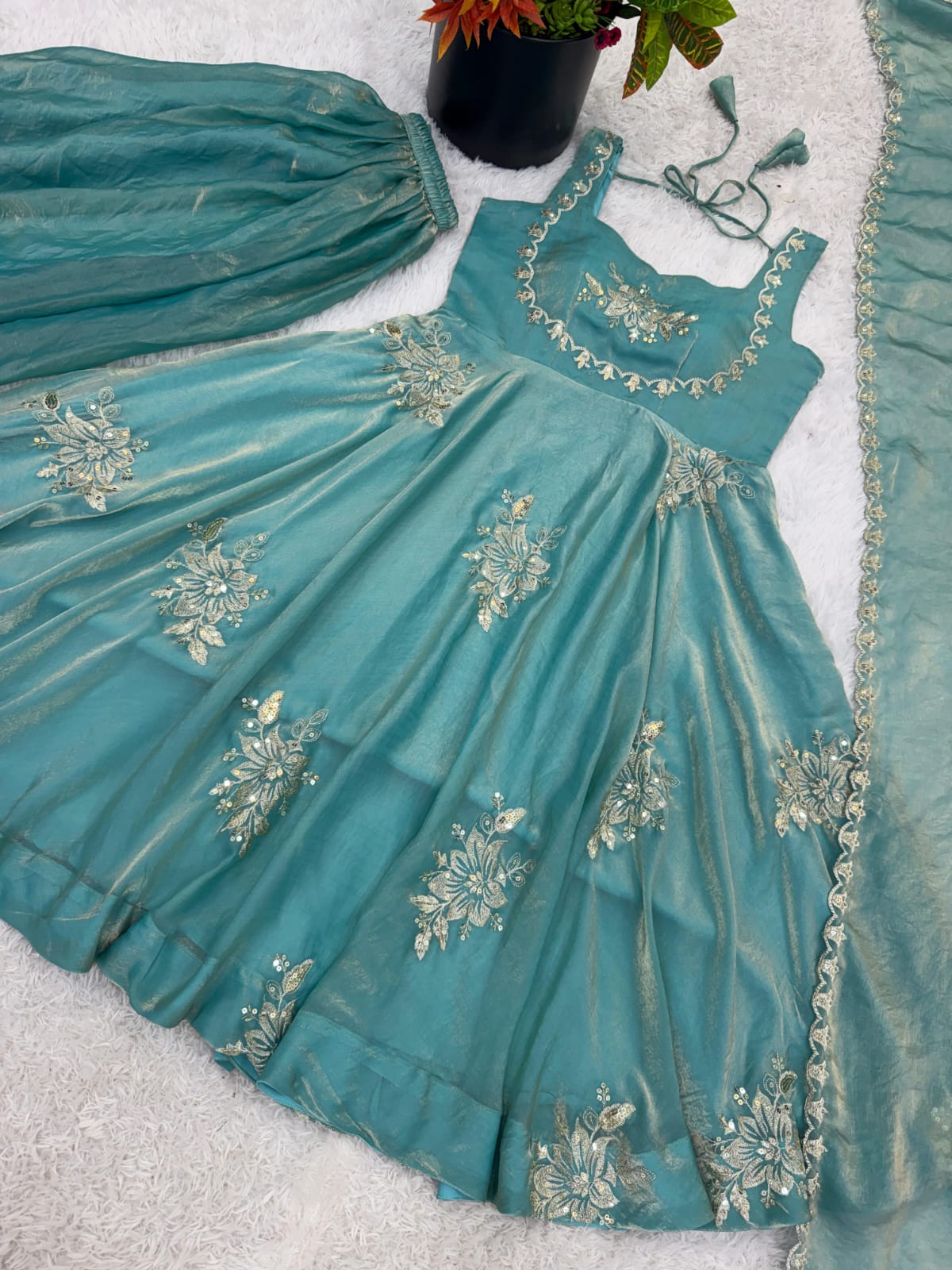 Embroidered Gown & Sharara Set with Dupatta | Full Flair Occasion Wear
