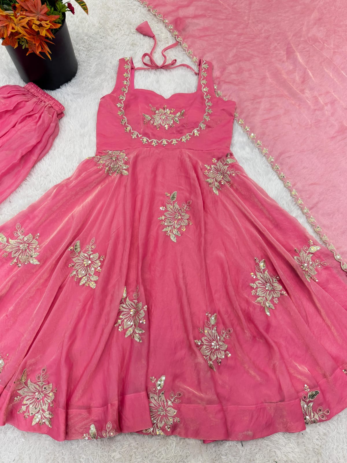 Pink Embroidered Gown & Sharara Set with Dupatta | Full Flair Occasion Wear