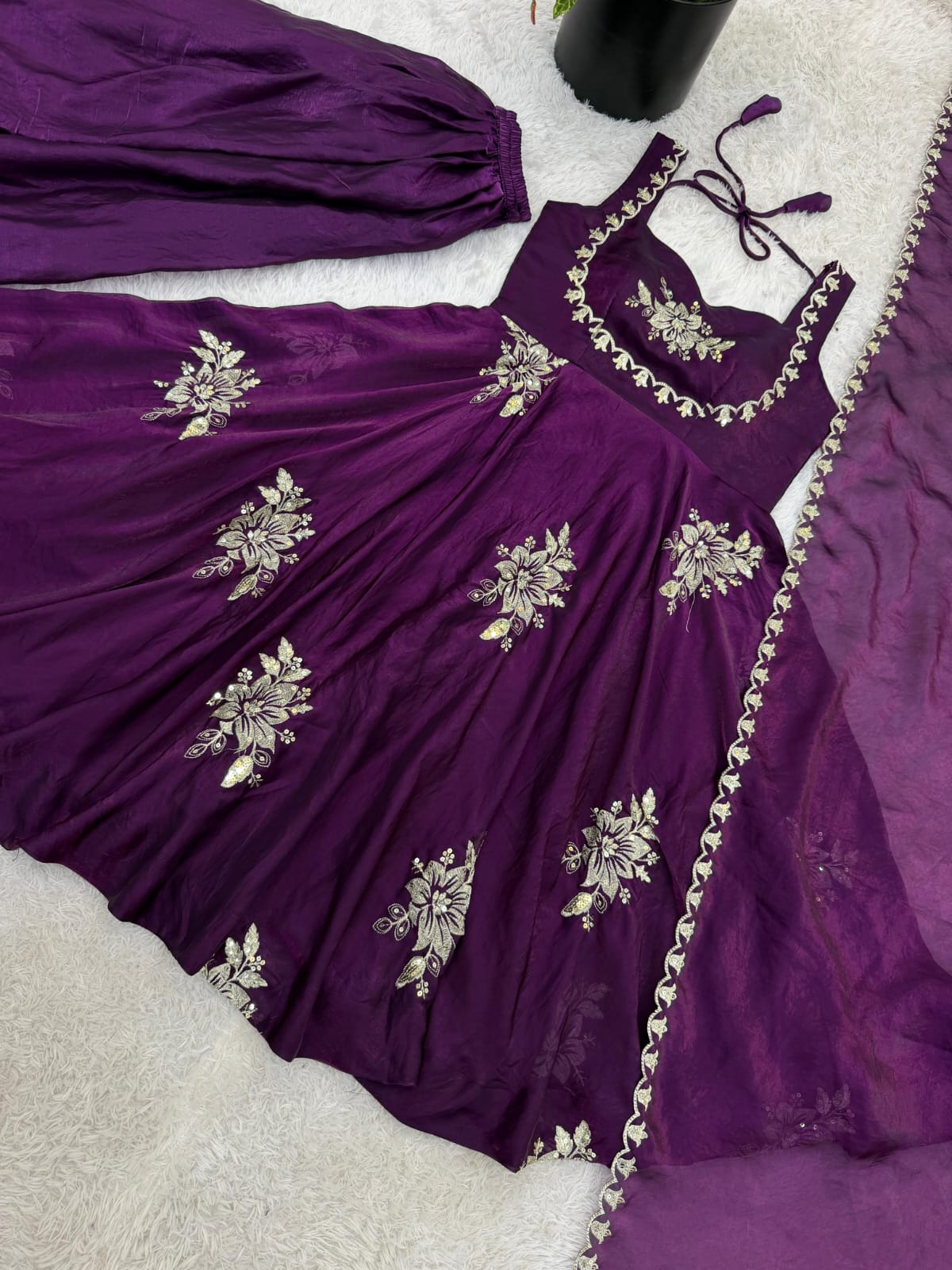 Purple Embroidered Gown & Sharara Set with Dupatta | Full Flair Occasion Wear
