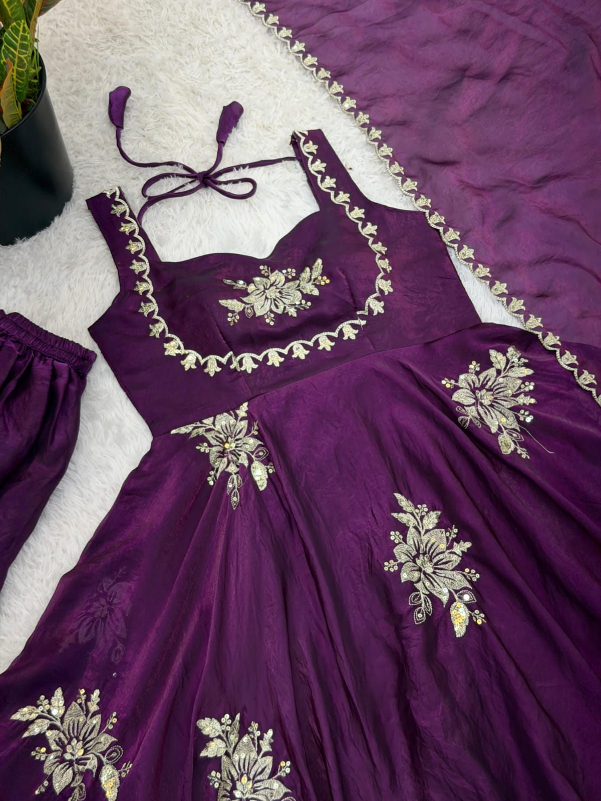 Purple Embroidered Gown & Sharara Set with Dupatta | Full Flair Occasion Wear
