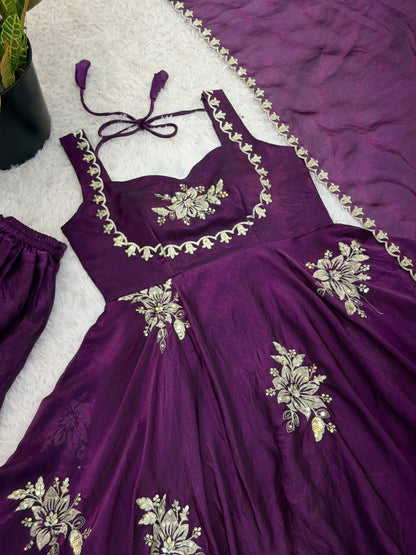 Purple Embroidered Gown & Sharara Set with Dupatta | Full Flair Occasion Wear