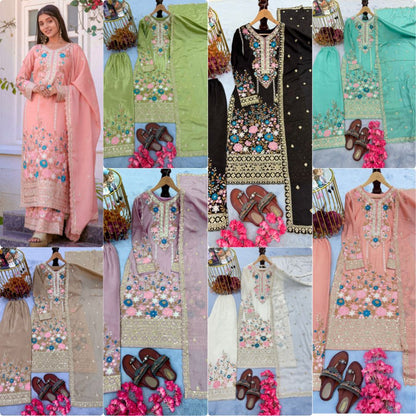 Embroidered Chinon Silk Top & Palazzo Set with Dupatta