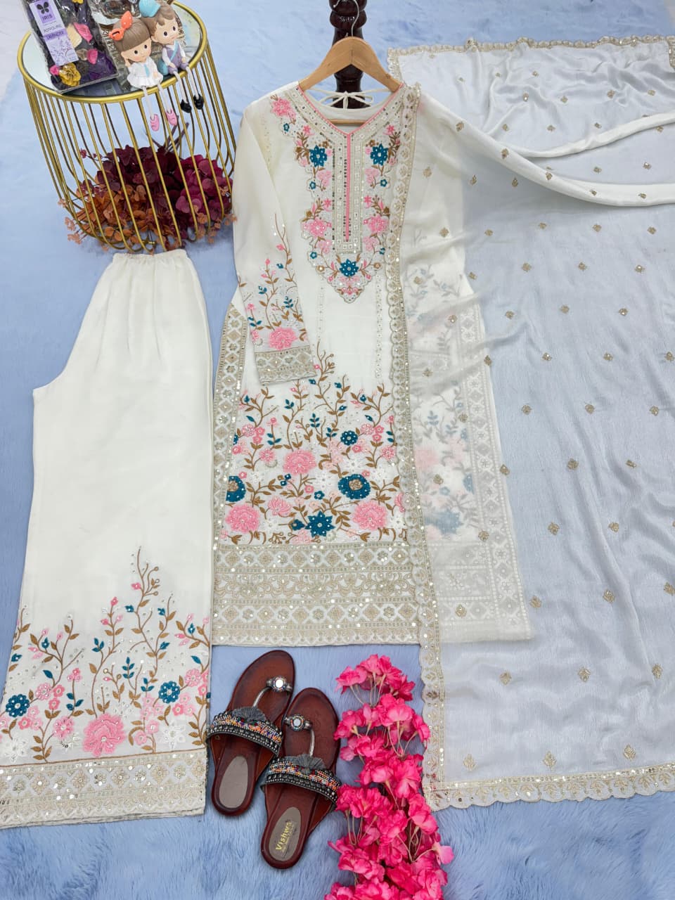 Embroidered Chinon Silk Top & Palazzo Set with Dupatta